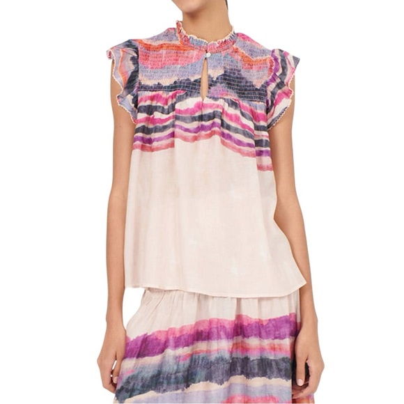 Chufy Northern Lights Kaia Ivory Watercolor Top sz Small Ruffle Tie Dye Stripes - Picture 1 of 14